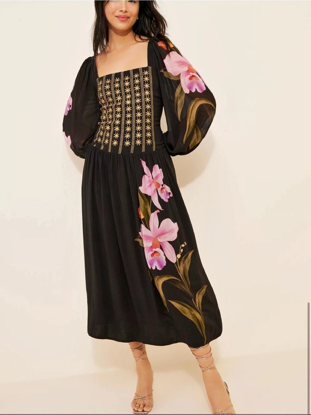 Farm Rio Goddess Orchid Embroidered Long Sleeve Midi Dress Midi Dress Black &